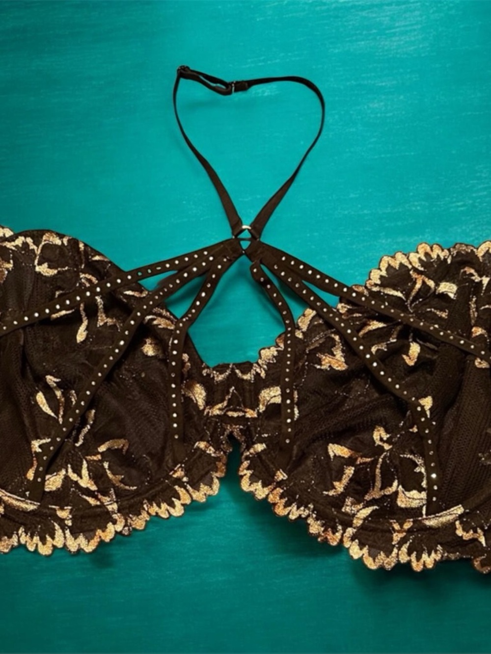 La SENZA Black and Gold Lace Bra 38ddd NWT